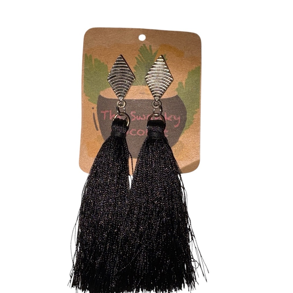 Elegant Silver And Black Tassel Earrings